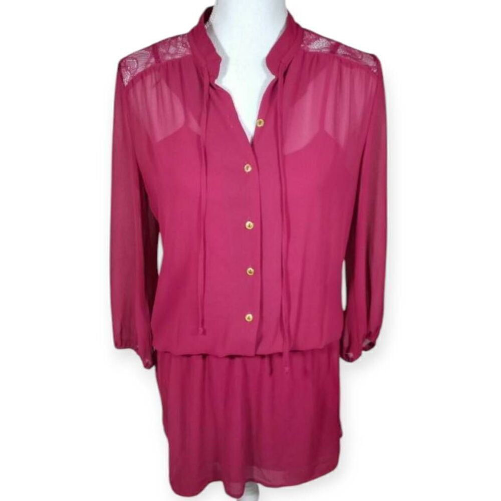MARGO & SEBASTIAN FUCHSIA MINI SHIRT DRESS/TUNIC.  SHEER OUTER LAYER WITH CAMI U